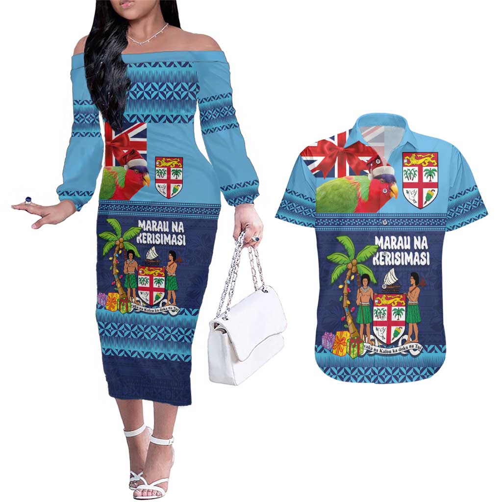 Fiji Marau na Kerisimasi Couples Matching Off The Shoulder Long Sleeve Dress and Hawaiian Shirt Christmas Collared Lory - Fiji Emblems and Xmas Palm Tree Tapa Art Pattern