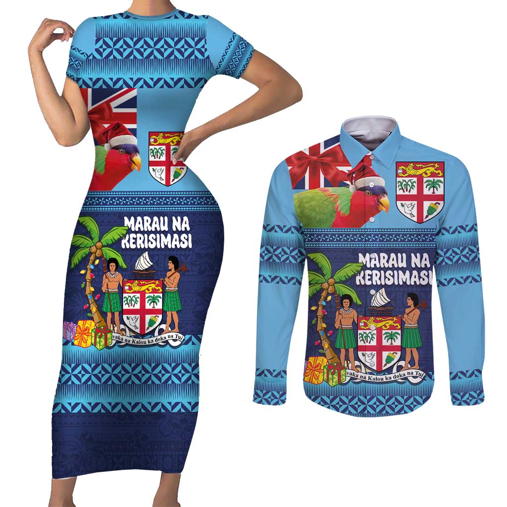 Fiji Marau na Kerisimasi Couples Matching Short Sleeve Bodycon Dress and Long Sleeve Button Shirt Christmas Collared Lory - Fiji Emblems and Xmas Palm Tree Tapa Art Pattern