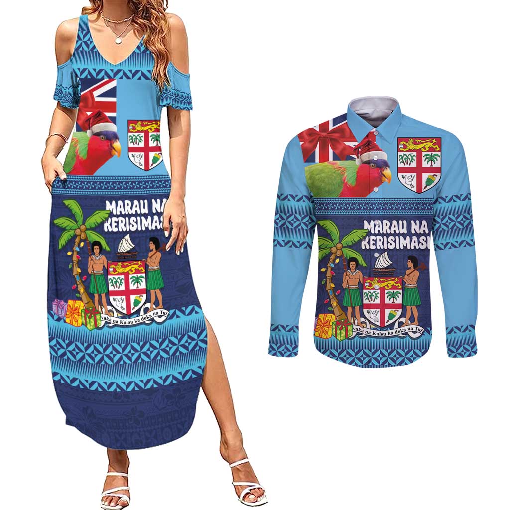 Fiji Marau na Kerisimasi Couples Matching Summer Maxi Dress and Long Sleeve Button Shirt Christmas Collared Lory - Fiji Emblems and Xmas Palm Tree Tapa Art Pattern