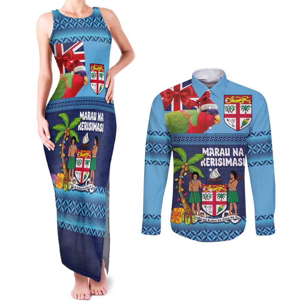 Fiji Marau na Kerisimasi Couples Matching Tank Maxi Dress and Long Sleeve Button Shirt Christmas Collared Lory - Fiji Emblems and Xmas Palm Tree Tapa Art Pattern