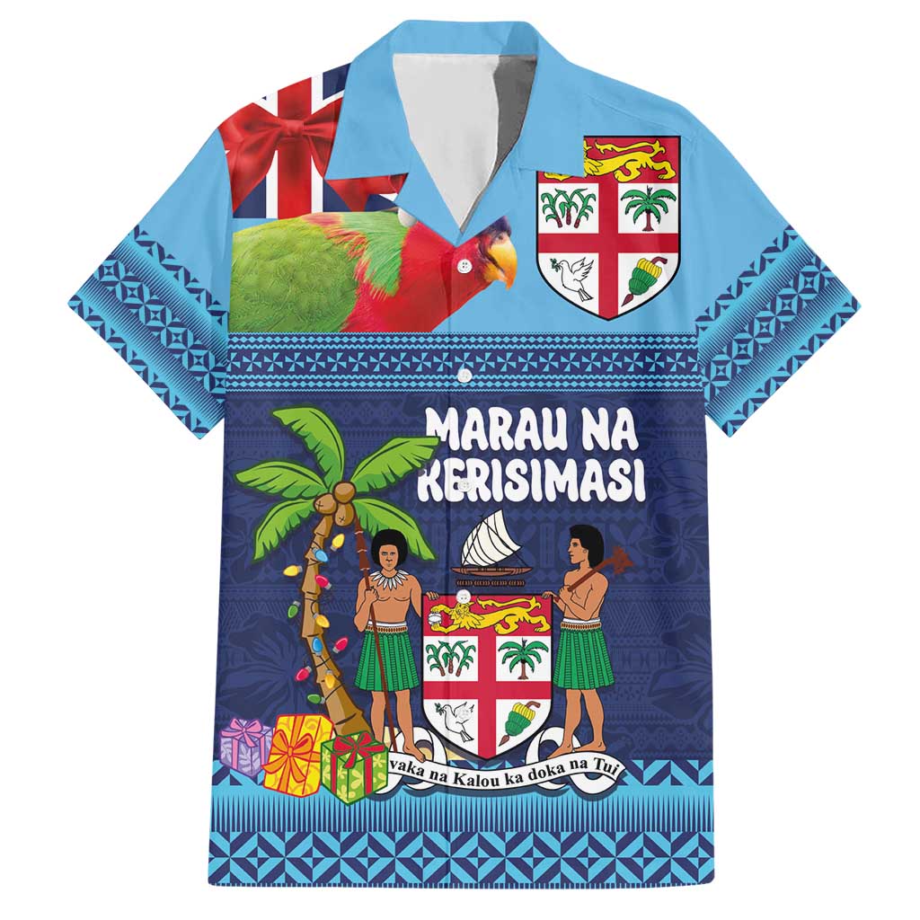 Fiji Marau na Kerisimasi Hawaiian Shirt Christmas Collared Lory - Fiji Emblems and Xmas Palm Tree Tapa Art Pattern LT03 Blue - Polynesian Pride