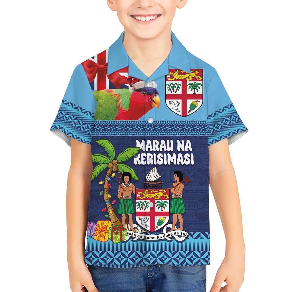 Fiji Marau na Kerisimasi Kid Hawaiian Shirt Christmas Collared Lory - Fiji Emblems and Xmas Palm Tree Tapa Art Pattern LT03 Kid Blue - Polynesian Pride