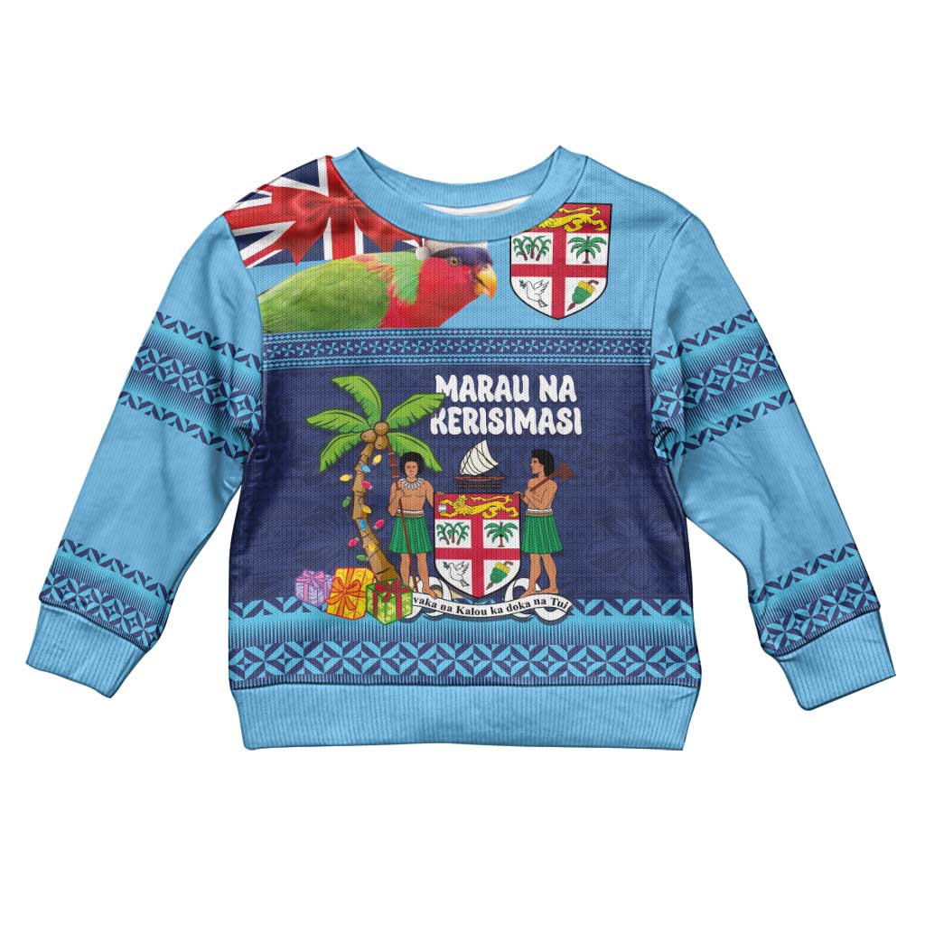 Fiji Marau na Kerisimasi Kid Ugly Christmas Sweater Christmas Collared Lory - Fiji Emblems and Xmas Palm Tree Tapa Art Pattern LT03 Kid Blue - Polynesian Pride