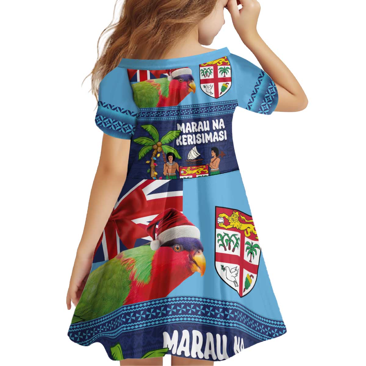 Fiji Marau na Kerisimasi Kid Short Sleeve Dress Christmas Collared Lory - Fiji Emblems and Xmas Palm Tree Tapa Art Pattern LT03 - Polynesian Pride