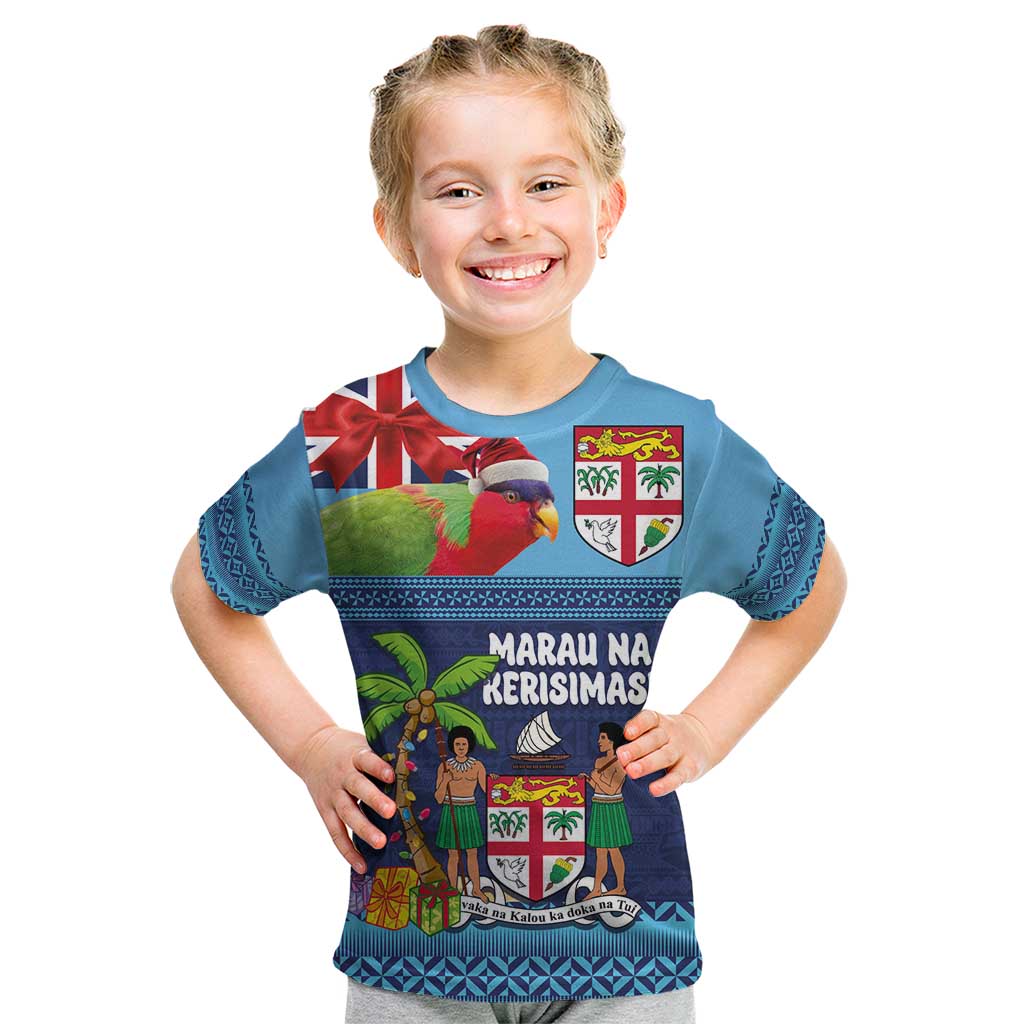 Fiji Marau na Kerisimasi Kid T Shirt Christmas Collared Lory - Fiji Emblems and Xmas Palm Tree Tapa Art Pattern