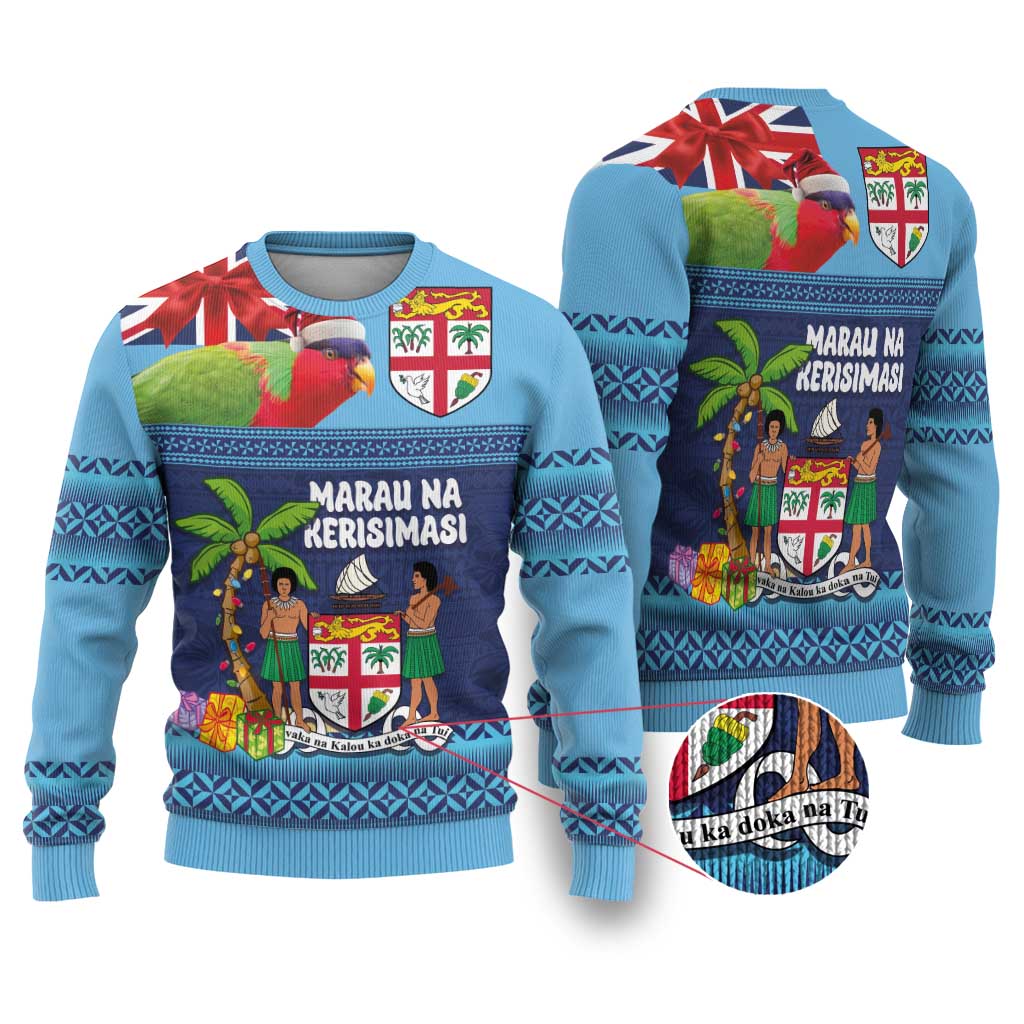 Fiji Marau na Kerisimasi Ugly Christmas Sweater Christmas Collared Lory - Fiji Emblems and Xmas Palm Tree Tapa Art Pattern LT03 Blue - Polynesian Pride
