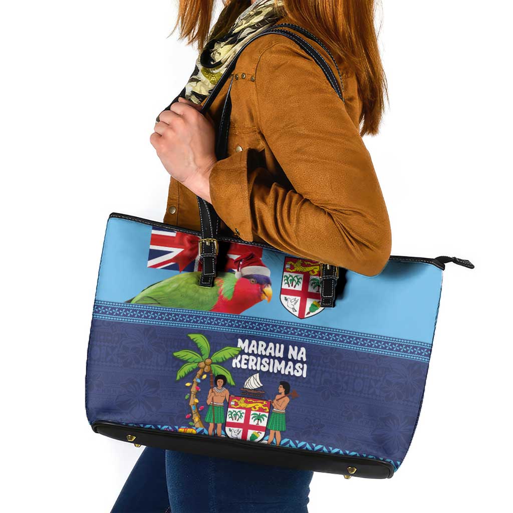 Fiji Marau na Kerisimasi Leather Tote Bag Christmas Collared Lory - Fiji Emblems and Xmas Palm Tree Tapa Art Pattern LT03 Blue - Polynesian Pride
