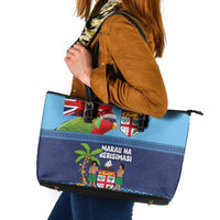 Fiji Marau na Kerisimasi Leather Tote Bag Christmas Collared Lory - Fiji Emblems and Xmas Palm Tree Tapa Art Pattern LT03 Blue - Polynesian Pride
