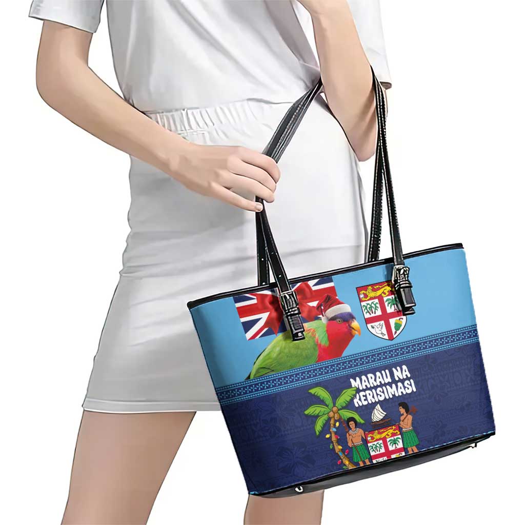 Fiji Marau na Kerisimasi Leather Tote Bag Christmas Collared Lory - Fiji Emblems and Xmas Palm Tree Tapa Art Pattern LT03 - Polynesian Pride
