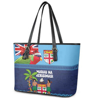 Fiji Marau na Kerisimasi Leather Tote Bag Christmas Collared Lory - Fiji Emblems and Xmas Palm Tree Tapa Art Pattern LT03 - Polynesian Pride