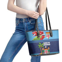 Fiji Marau na Kerisimasi Leather Tote Bag Christmas Collared Lory - Fiji Emblems and Xmas Palm Tree Tapa Art Pattern LT03 - Polynesian Pride
