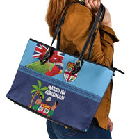 Fiji Marau na Kerisimasi Leather Tote Bag Christmas Collared Lory - Fiji Emblems and Xmas Palm Tree Tapa Art Pattern LT03 - Polynesian Pride