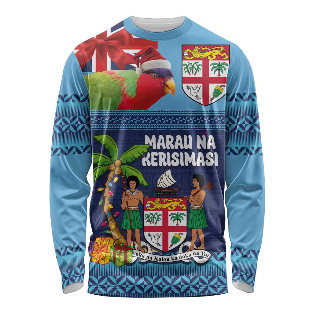 Fiji Marau na Kerisimasi Long Sleeve Shirt Christmas Collared Lory - Fiji Emblems and Xmas Palm Tree Tapa Art Pattern LT03 Unisex Blue - Polynesian Pride