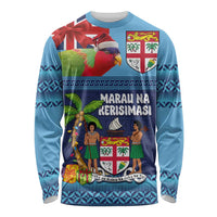 Fiji Marau na Kerisimasi Long Sleeve Shirt Christmas Collared Lory - Fiji Emblems and Xmas Palm Tree Tapa Art Pattern LT03 Unisex Blue - Polynesian Pride