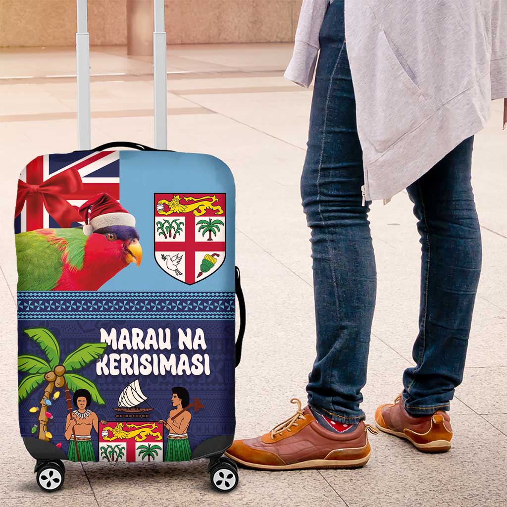 Fiji Marau na Kerisimasi Luggage Cover Christmas Collared Lory - Fiji Emblems and Xmas Palm Tree Tapa Art Pattern LT03 Blue - Polynesian Pride