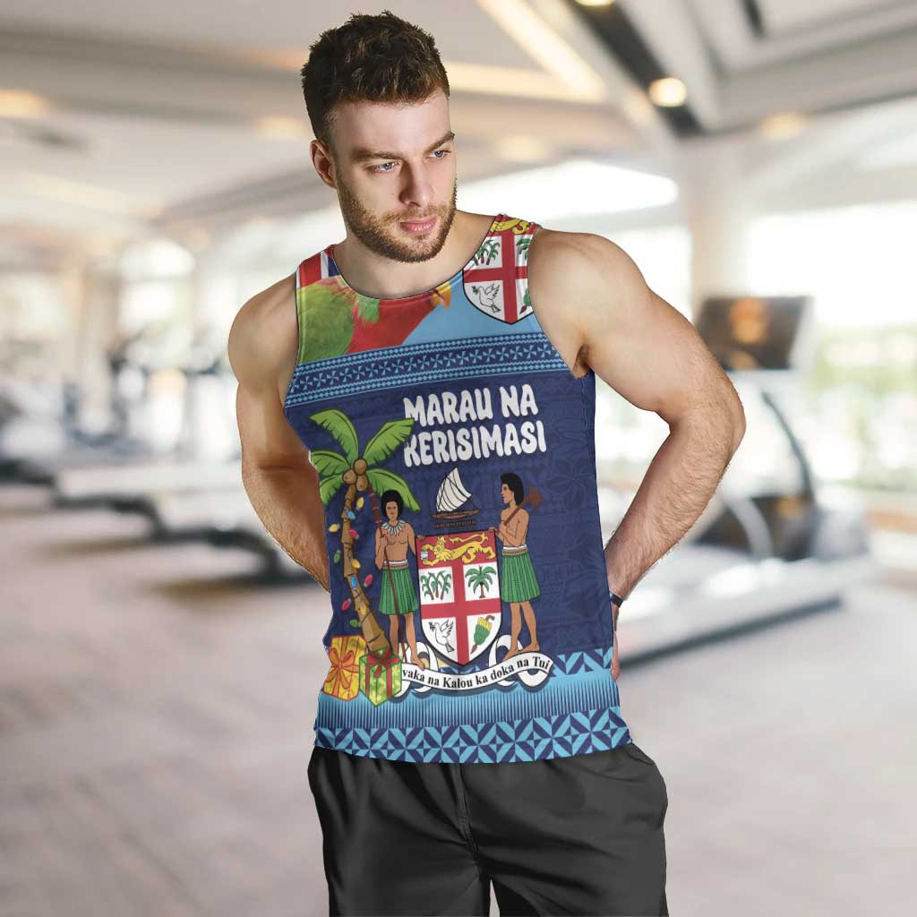 Fiji Marau na Kerisimasi Men Tank Top Christmas Collared Lory - Fiji Emblems and Xmas Palm Tree Tapa Art Pattern