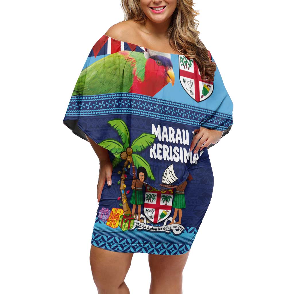 Fiji Marau na Kerisimasi Off Shoulder Short Dress Christmas Collared Lory - Fiji Emblems and Xmas Palm Tree Tapa Art Pattern LT03 Women Blue - Polynesian Pride