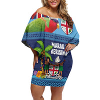 Fiji Marau na Kerisimasi Off Shoulder Short Dress Christmas Collared Lory - Fiji Emblems and Xmas Palm Tree Tapa Art Pattern LT03 Women Blue - Polynesian Pride