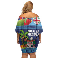 Fiji Marau na Kerisimasi Off Shoulder Short Dress Christmas Collared Lory - Fiji Emblems and Xmas Palm Tree Tapa Art Pattern LT03 - Polynesian Pride