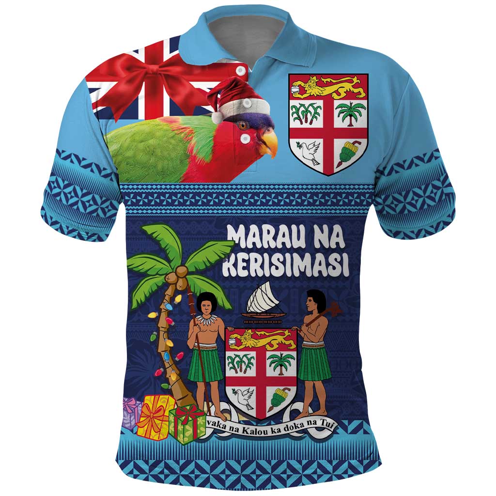 Fiji Marau na Kerisimasi Polo Shirt Christmas Collared Lory - Fiji Emblems and Xmas Palm Tree Tapa Art Pattern LT03 Blue - Polynesian Pride