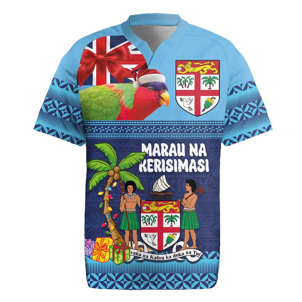 Fiji Marau na Kerisimasi Rugby Jersey Christmas Collared Lory - Fiji Emblems and Xmas Palm Tree Tapa Art Pattern