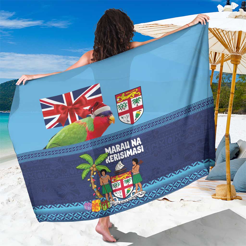 Fiji Marau na Kerisimasi Sarong Christmas Collared Lory - Fiji Emblems and Xmas Palm Tree Tapa Art Pattern LT03 One Size 44 x 66 inches Blue - Polynesian Pride