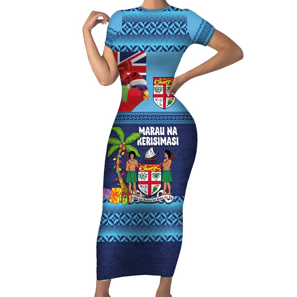 Fiji Marau na Kerisimasi Short Sleeve Bodycon Dress Christmas Collared Lory - Fiji Emblems and Xmas Palm Tree Tapa Art Pattern