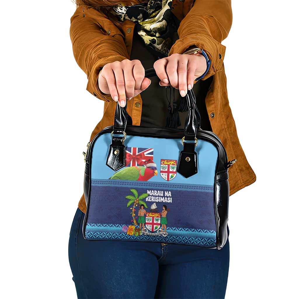 Fiji Marau na Kerisimasi Shoulder Handbag Christmas Collared Lory - Fiji Emblems and Xmas Palm Tree Tapa Art Pattern LT03 One Size Blue - Polynesian Pride