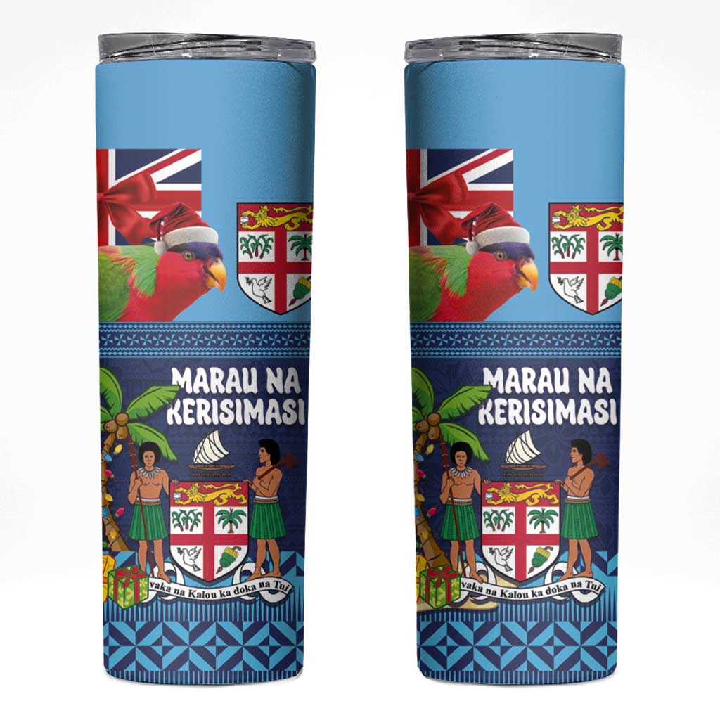 Fiji Marau na Kerisimasi Skinny Tumbler Christmas Collared Lory - Fiji Emblems and Xmas Palm Tree Tapa Art Pattern