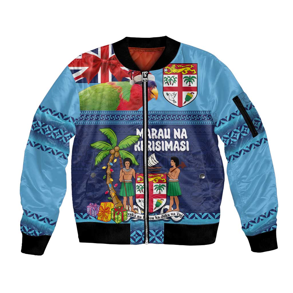 Fiji Marau na Kerisimasi Sleeve Zip Bomber Jacket Christmas Collared Lory - Fiji Emblems and Xmas Palm Tree Tapa Art Pattern LT03 Unisex Blue - Polynesian Pride