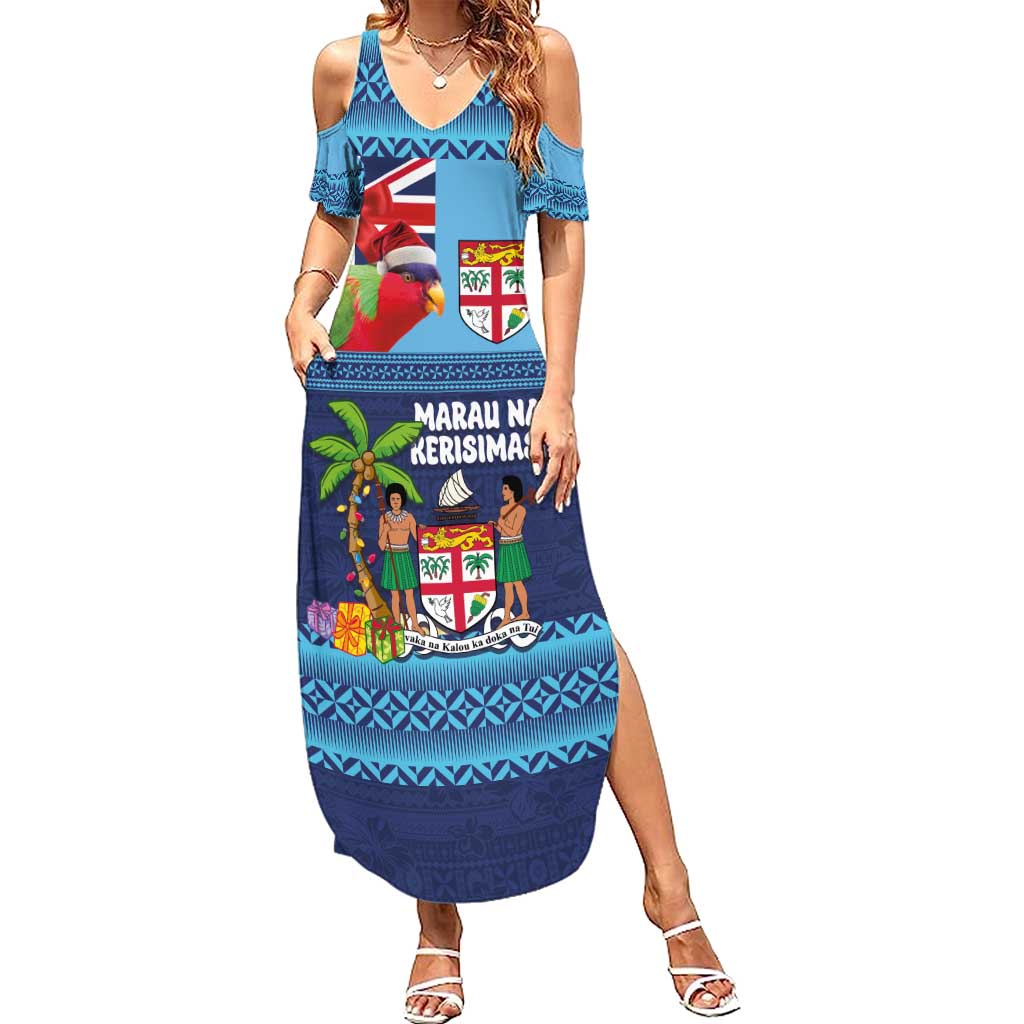 Fiji Marau na Kerisimasi Summer Maxi Dress Christmas Collared Lory - Fiji Emblems and Xmas Palm Tree Tapa Art Pattern LT03 Women Blue - Polynesian Pride