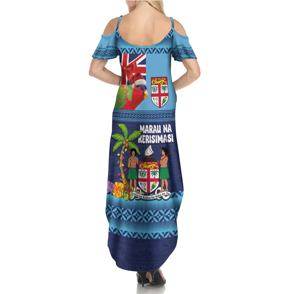 Fiji Marau na Kerisimasi Summer Maxi Dress Christmas Collared Lory - Fiji Emblems and Xmas Palm Tree Tapa Art Pattern LT03 - Polynesian Pride