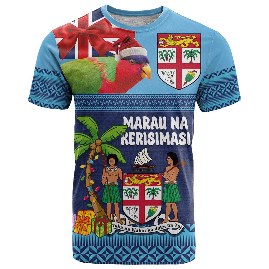 Fiji Marau na Kerisimasi T Shirt Christmas Collared Lory - Fiji Emblems and Xmas Palm Tree Tapa Art Pattern LT03 Blue - Polynesian Pride