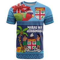 Fiji Marau na Kerisimasi T Shirt Christmas Collared Lory - Fiji Emblems and Xmas Palm Tree Tapa Art Pattern LT03 Blue - Polynesian Pride