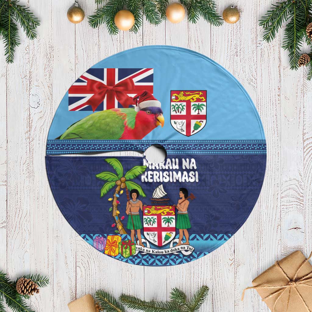 Fiji Marau na Kerisimasi Tree Skirt Christmas Collared Lory - Fiji Emblems and Xmas Palm Tree Tapa Art Pattern LT03 Casual Blue - Polynesian Pride