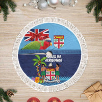 Fiji Marau na Kerisimasi Tree Skirt Christmas Collared Lory - Fiji Emblems and Xmas Palm Tree Tapa Art Pattern LT03 Fringed Blue - Polynesian Pride