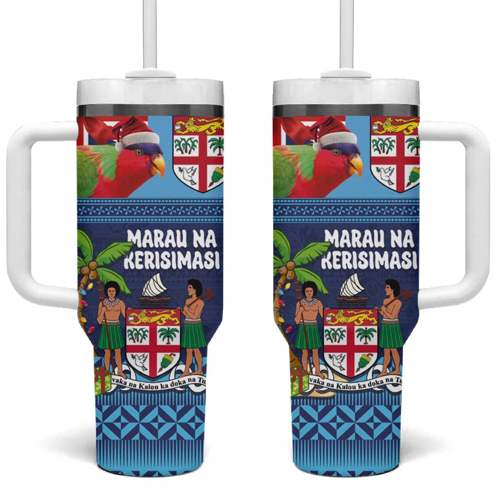 Fiji Marau na Kerisimasi Tumbler With Handle Christmas Collared Lory - Fiji Emblems and Xmas Palm Tree Tapa Art Pattern LT03 One Size: 40 oz Blue - Polynesian Pride