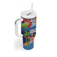 Fiji Marau na Kerisimasi Tumbler With Handle Christmas Collared Lory - Fiji Emblems and Xmas Palm Tree Tapa Art Pattern LT03 - Polynesian Pride