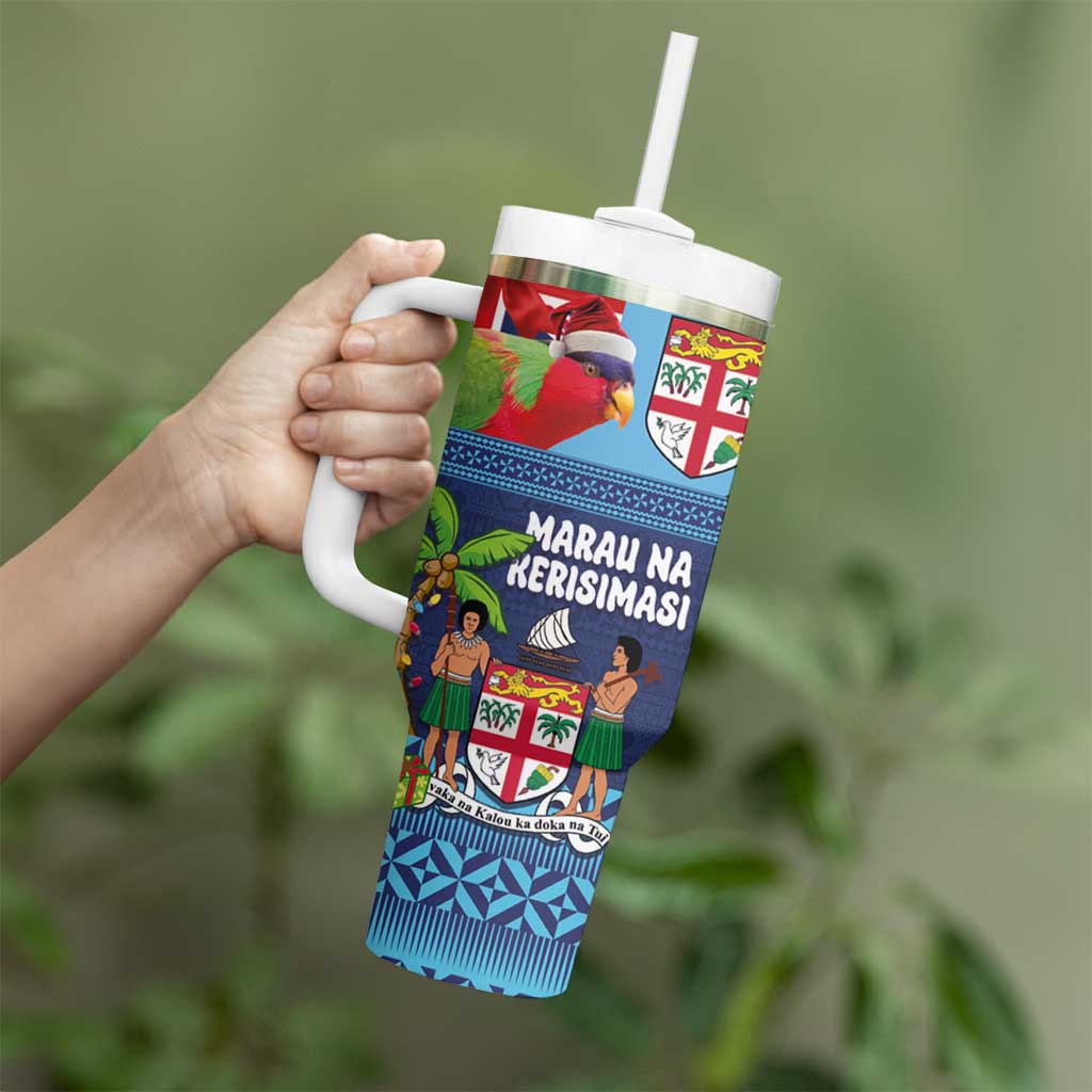 Fiji Marau na Kerisimasi Tumbler With Handle Christmas Collared Lory - Fiji Emblems and Xmas Palm Tree Tapa Art Pattern LT03 - Polynesian Pride