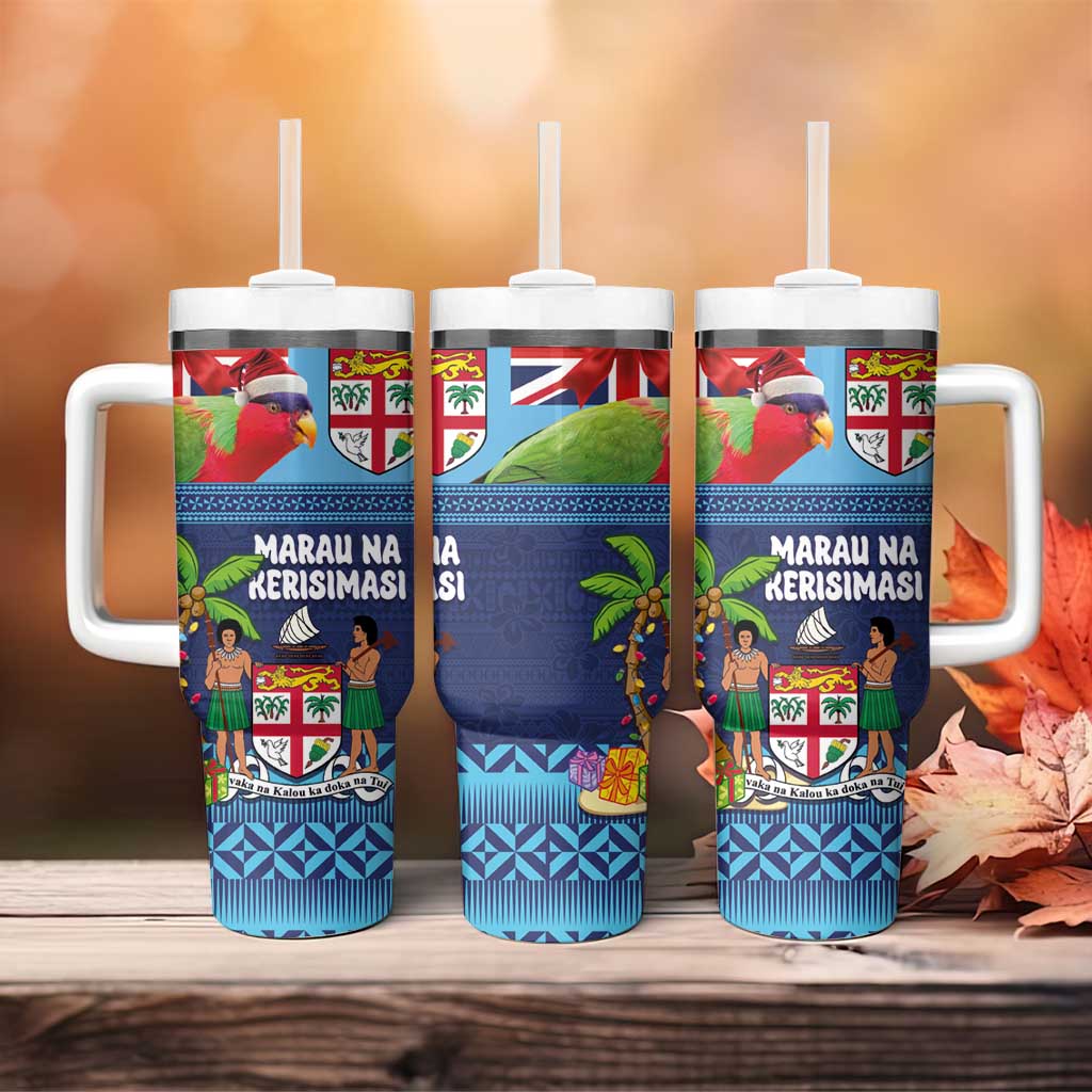 Fiji Marau na Kerisimasi Tumbler With Handle Christmas Collared Lory - Fiji Emblems and Xmas Palm Tree Tapa Art Pattern LT03 - Polynesian Pride