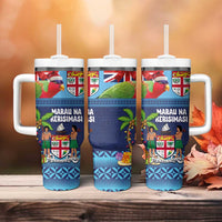 Fiji Marau na Kerisimasi Tumbler With Handle Christmas Collared Lory - Fiji Emblems and Xmas Palm Tree Tapa Art Pattern LT03 - Polynesian Pride