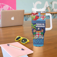 Fiji Marau na Kerisimasi Tumbler With Handle Christmas Collared Lory - Fiji Emblems and Xmas Palm Tree Tapa Art Pattern LT03 - Polynesian Pride