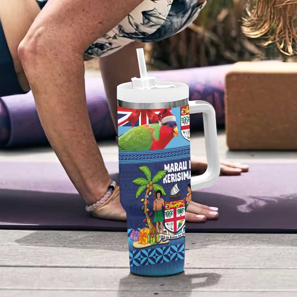Fiji Marau na Kerisimasi Tumbler With Handle Christmas Collared Lory - Fiji Emblems and Xmas Palm Tree Tapa Art Pattern LT03 - Polynesian Pride