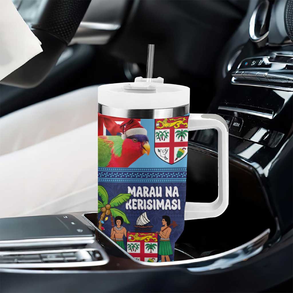 Fiji Marau na Kerisimasi Tumbler With Handle Christmas Collared Lory - Fiji Emblems and Xmas Palm Tree Tapa Art Pattern LT03 - Polynesian Pride
