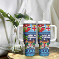 Fiji Marau na Kerisimasi Tumbler With Handle Christmas Collared Lory - Fiji Emblems and Xmas Palm Tree Tapa Art Pattern LT03 - Polynesian Pride
