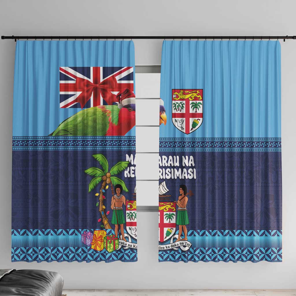 Fiji Marau na Kerisimasi Window Curtain Christmas Collared Lory - Fiji Emblems and Xmas Palm Tree Tapa Art Pattern LT03 With Hooks Blue - Polynesian Pride