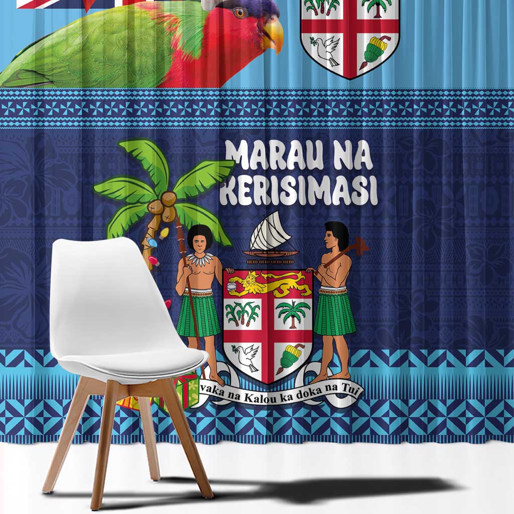 Fiji Marau na Kerisimasi Window Curtain Christmas Collared Lory - Fiji Emblems and Xmas Palm Tree Tapa Art Pattern LT03 - Polynesian Pride