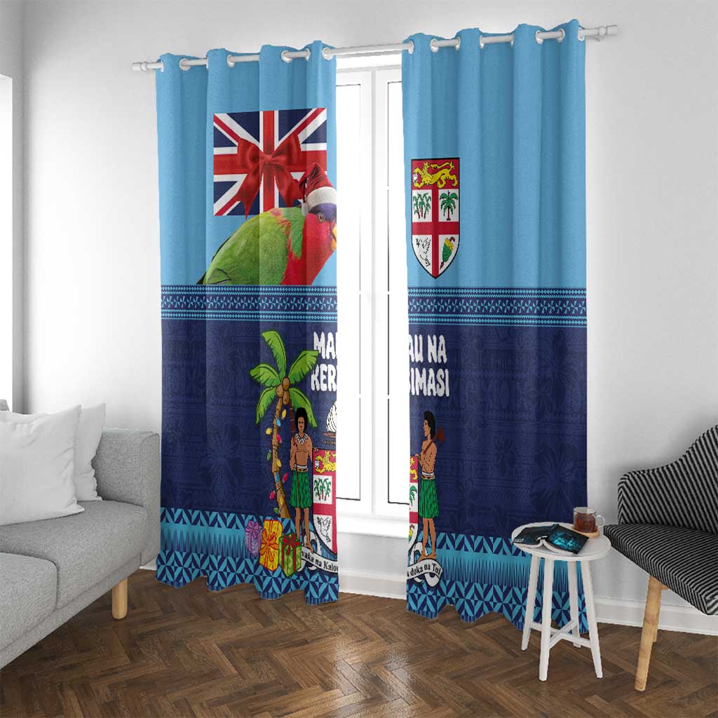 Fiji Marau na Kerisimasi Window Curtain Christmas Collared Lory - Fiji Emblems and Xmas Palm Tree Tapa Art Pattern LT03 With Grommets Blue - Polynesian Pride