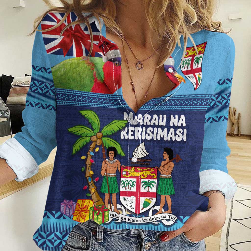 Fiji Marau na Kerisimasi Women Casual Shirt Christmas Collared Lory - Fiji Emblems and Xmas Palm Tree Tapa Art Pattern