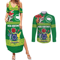 Cook Islands Meri Kiritimiti Couples Matching Summer Maxi Dress and Long Sleeve Button Shirt Christmas Turtle - Cooks Islands Emblems and Polynesian Art Pattern LT03 Green - Polynesian Pride